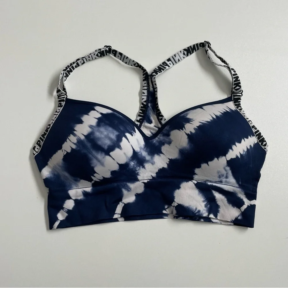 Victorias Secret PINK Bra Wireless Lightly Lined Padded Tie Dye Spell Out Blue